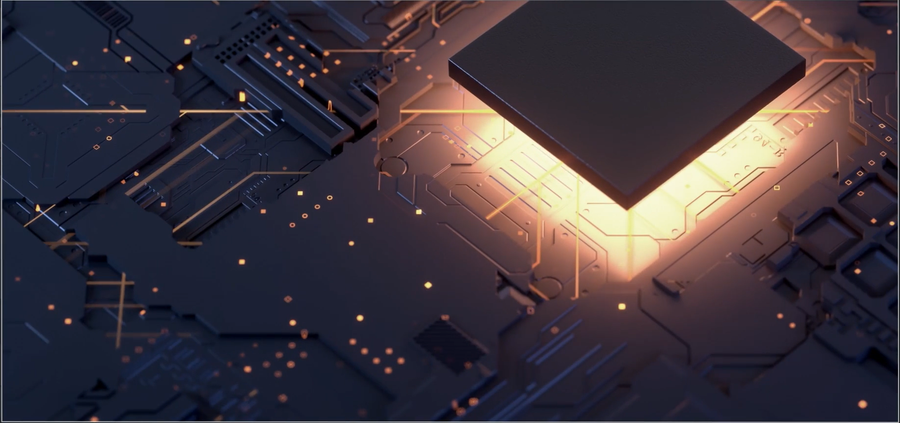 Glowing microchip on a circuit board